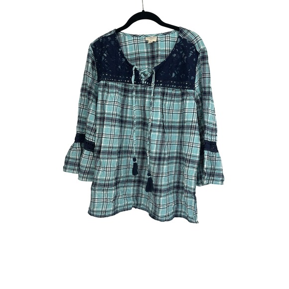 St John's Bay XL Plaid Tunic Top Navy Lace Bell Sleeve Boho Blouse - Picture 1 of 6